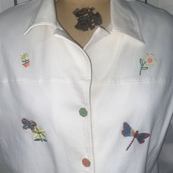 80s 90s AMY JESS White W/ Floral Embroidery Theme JACKET Button Front Medium - Picture 2 of 6